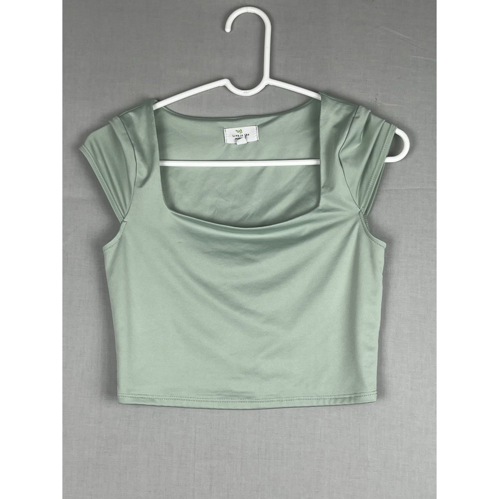 Live in the Moment Green Square Neck Fitted Short Sleeve Top Women's Size M